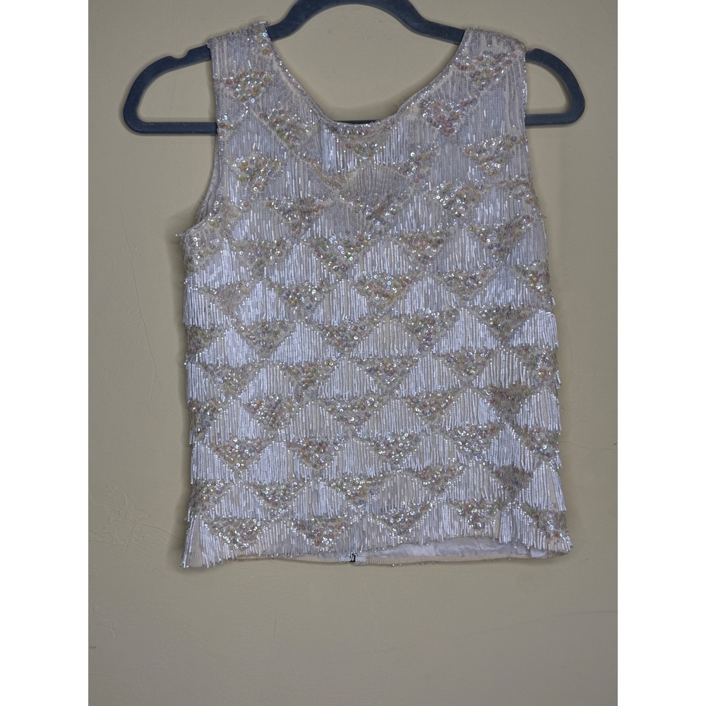RARE 100% Wool‎ Vtg Hand Beaded Sleeveless Top with Sequins Elegant Fringe Boho